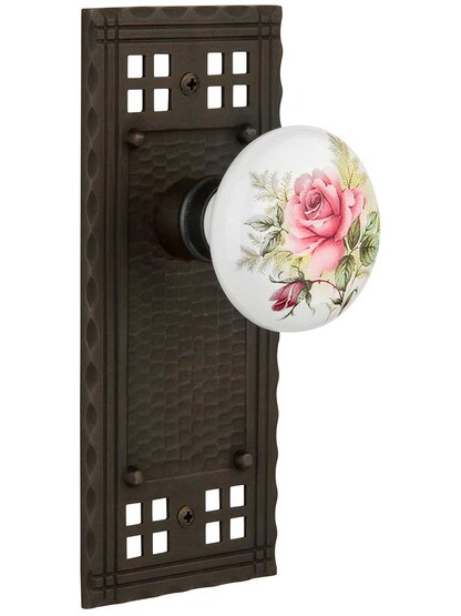 Pasadena Door Set with Rose Porcelain Knobs in Oil-Rubbed Bronze.